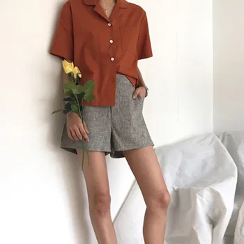 

Summer Women Retro Short Sleeve Suit Collar Small Lapel Shirt Loose Casual Blouse Solid Color Shirt