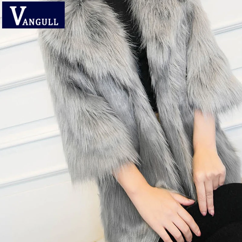 Vangull/Женская мода осень-зима, длинное пальто с искусственным лисьим мехом, Корейская версия, женские пальто из меха и искусственного меха