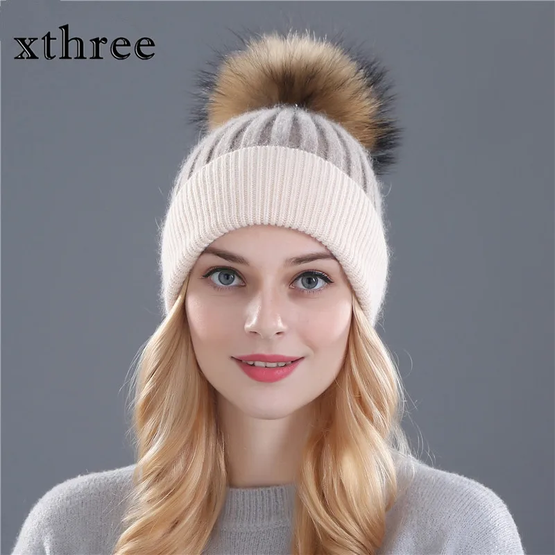 Зимние шерстяные вязаные шапочки Xthree шапка из натурального меха норки с