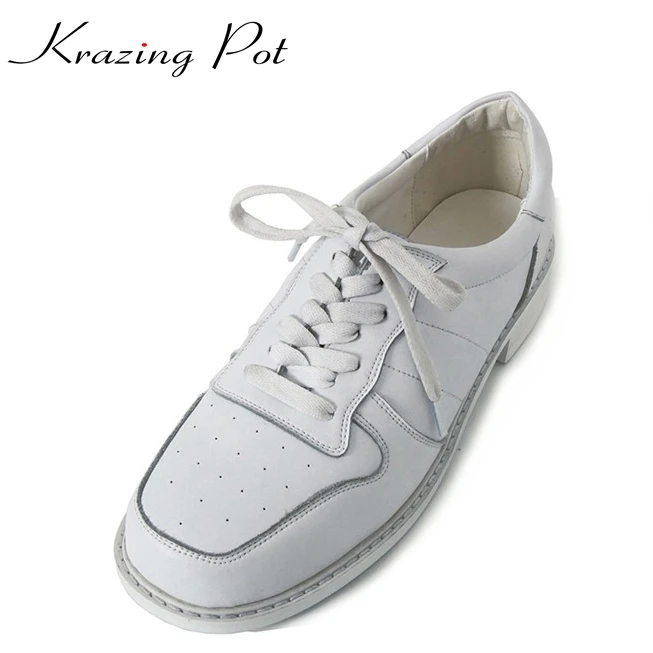 

Krazing Pot fashion shoes woman full grain leather lace up square toe young lady low heels casual leisure white color shoes L16