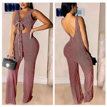 

New Fashion Jumpsuit Women Striped Casual Summer Playsuit Hollow Bodycon Party Jumpsuits Rompers Wide Leg Trousers Women