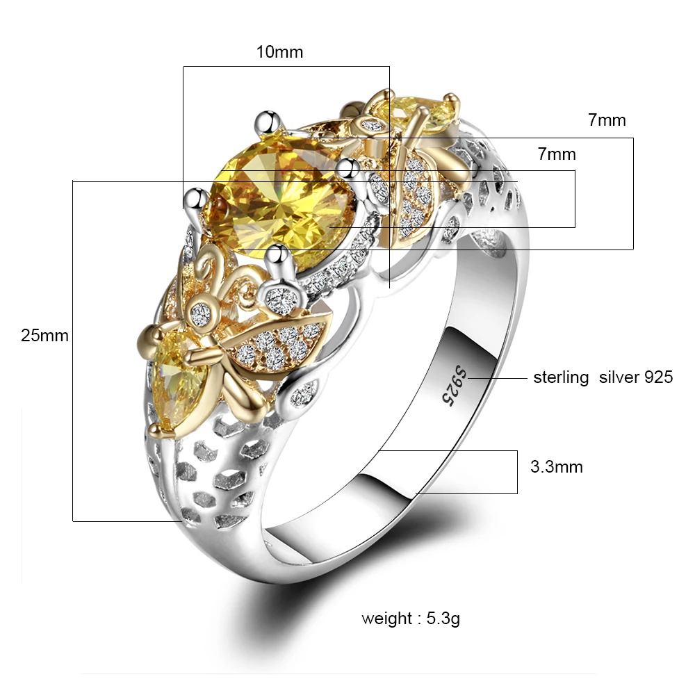 Yellow Citrine Animal Bee Finger Rings For Women Men With Zircon 925 Silver Jewelry Engagement Party Anniversary Gifts Size 6-10