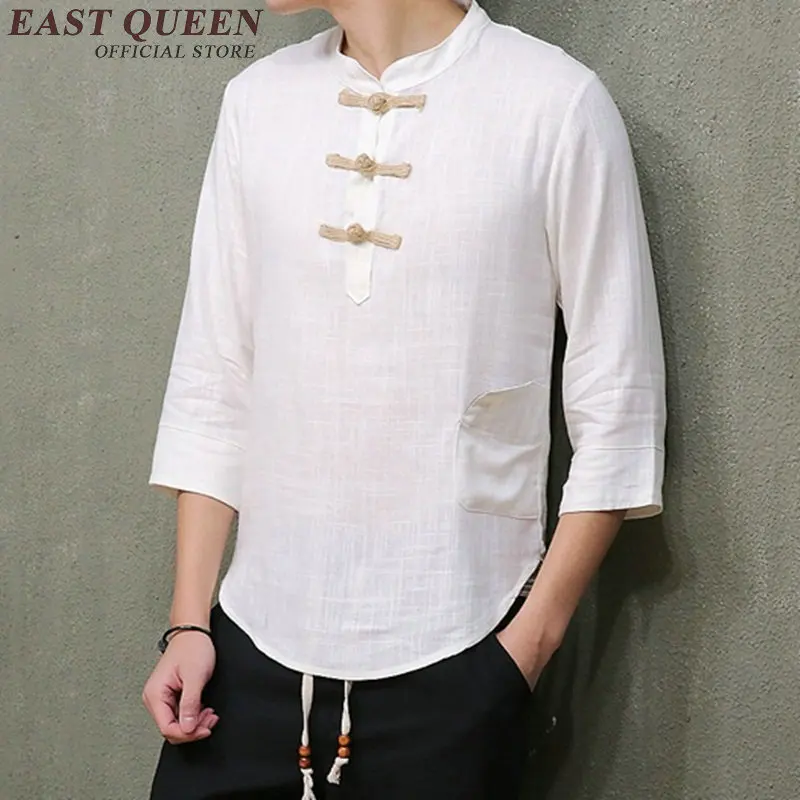 Traditional mens clothing Chinese oriental button linen white shirts solid color three-quarter sleeves linen clothing KK994 HQ