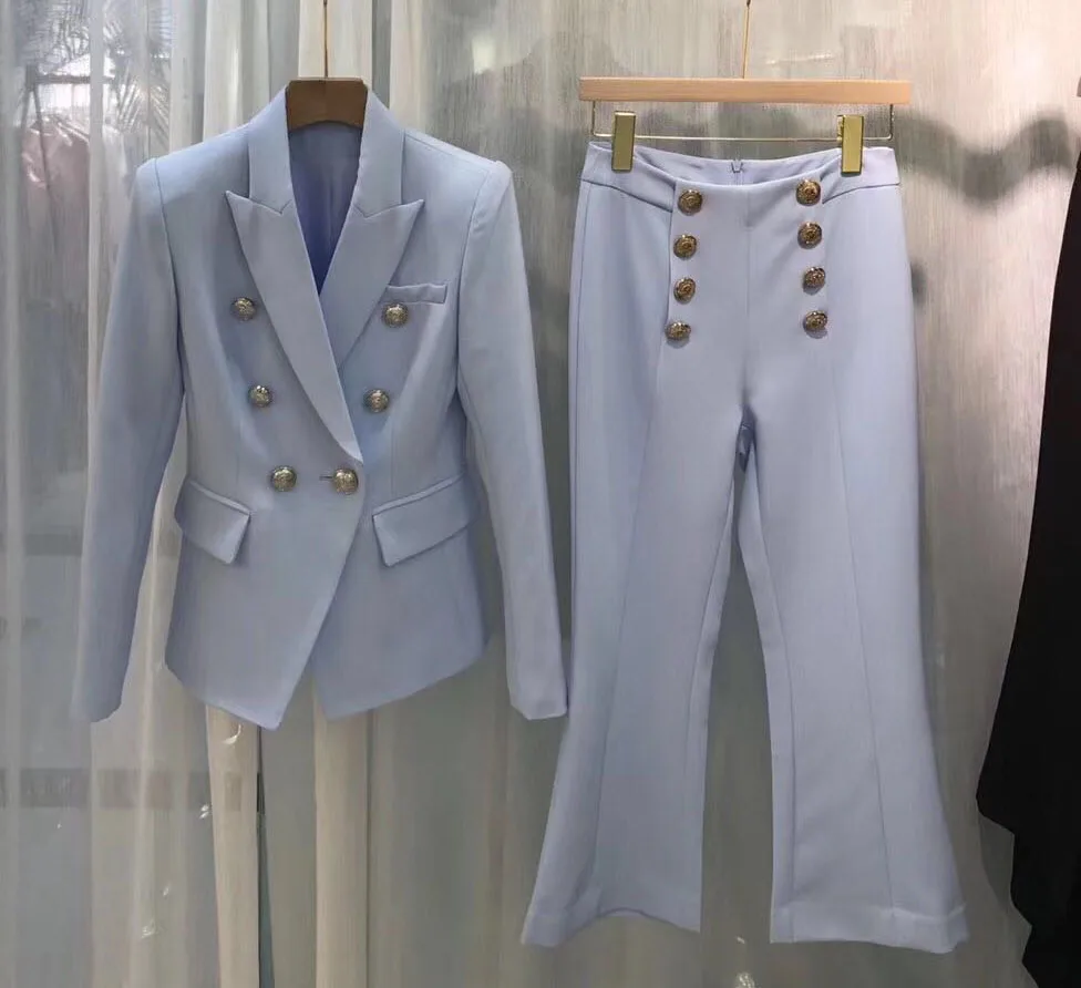 

Woman Blue Purple Blazer Suit Double Breasted Silver tone Button +matching cropped flared pants double breasted buttons set