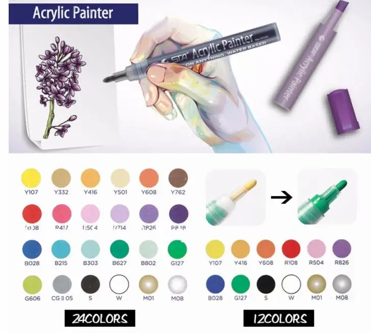 

STA 12/24 Colors Acrylic Paint Marker Sketch Stationery Set For DIY Manga Drawing Marker Pen School Student Painter Supplies