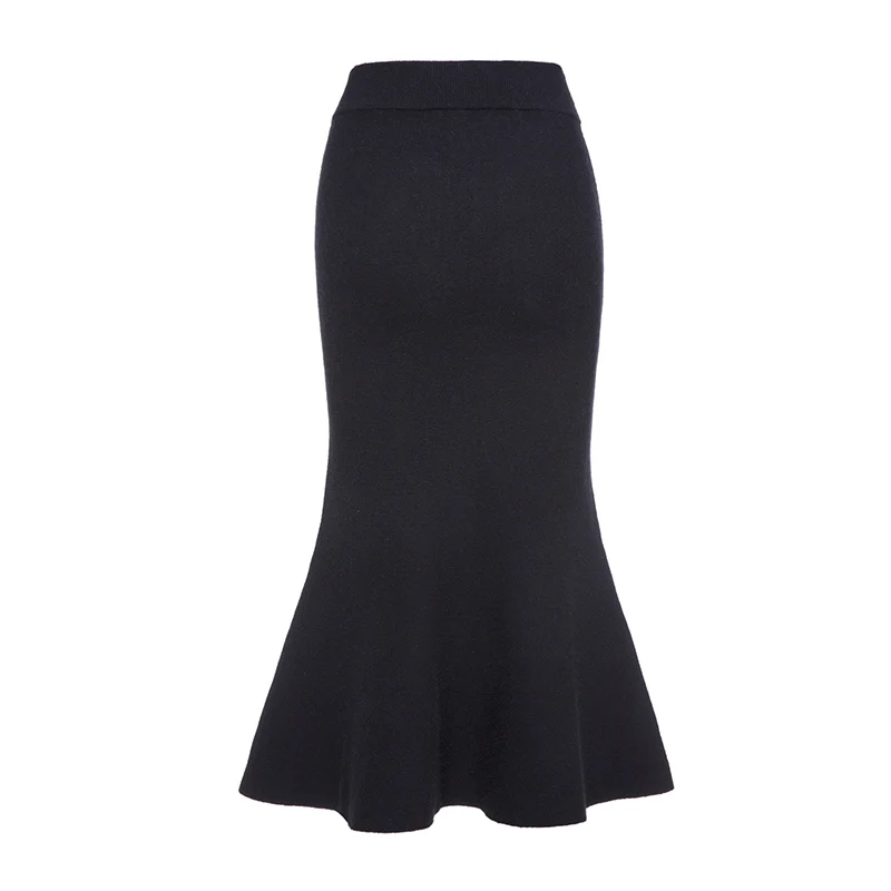 Women Knitted Elastic Skirts Black Ruffle Mermaid Bodycon Skirt High Waist Lady Office Vintage