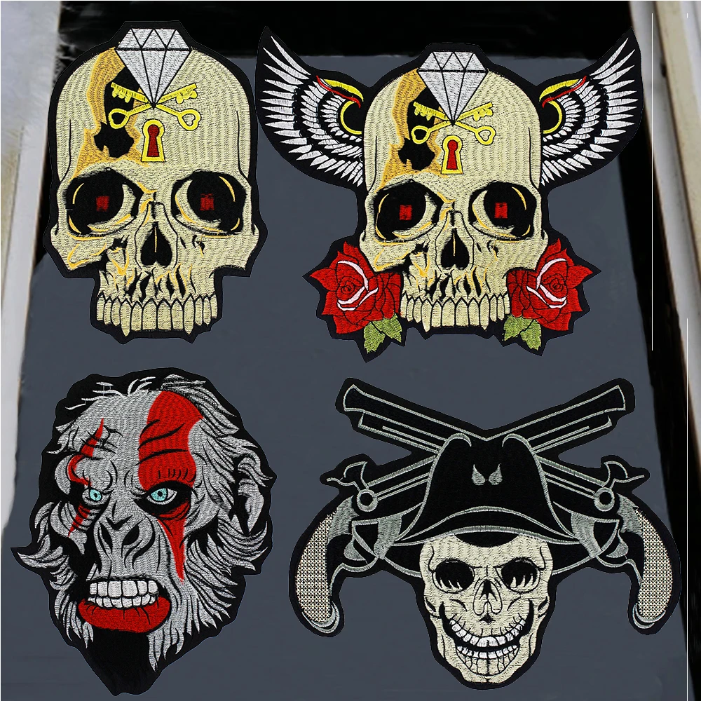 

Skull Gun Gorilla Big Motorcycle Jacket Patches Rock Skull Wings Flower Biker Iron on Embroidery Applique Badge for Clothes 2pc