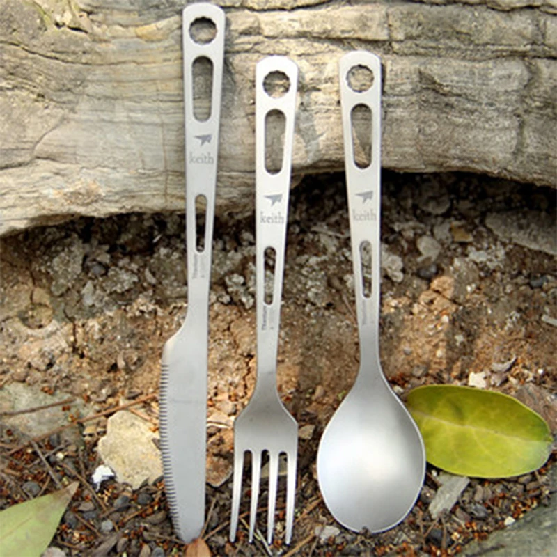 Keith 3 unids Utensilios de cocina kit Titanium cubiertos cuchillo Tenedores cuchara camping picnic ligero 53g ti5310 Navidad regalo W/ bolsa