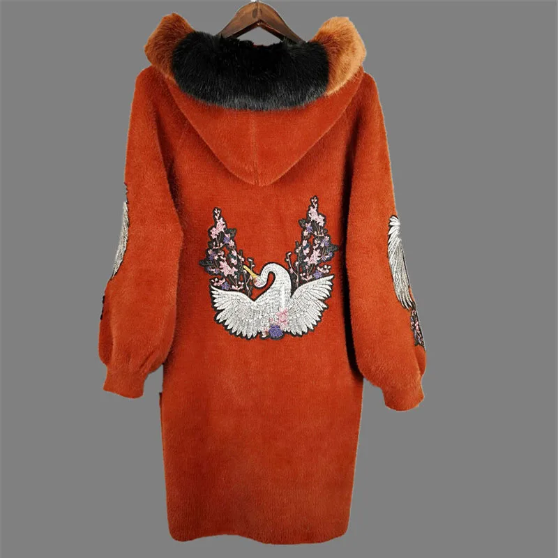 Модный толстый теплый вязаный кардиган из искусственной норки, пальто с капюшоном и вышивкой лебедя, Длинная женская куртка, осенне-зимняя ветровка