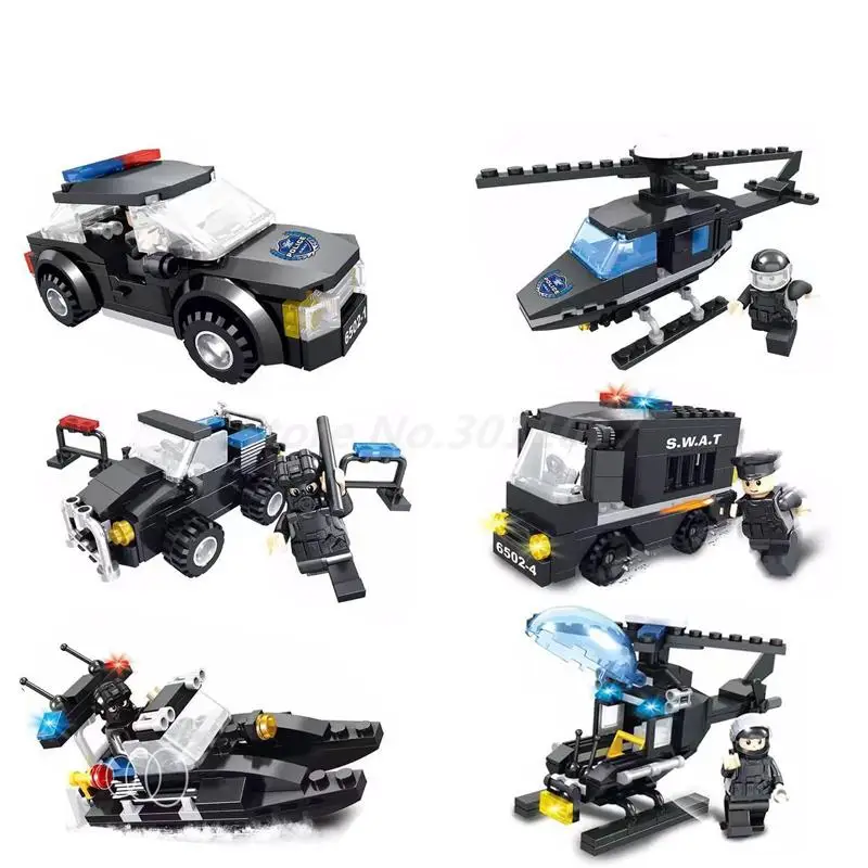 

KAZI Police Helicopter Truck Speedboat Car Action Model SWAT Series Building Blocks Set Brick Toys For Children Gifts
