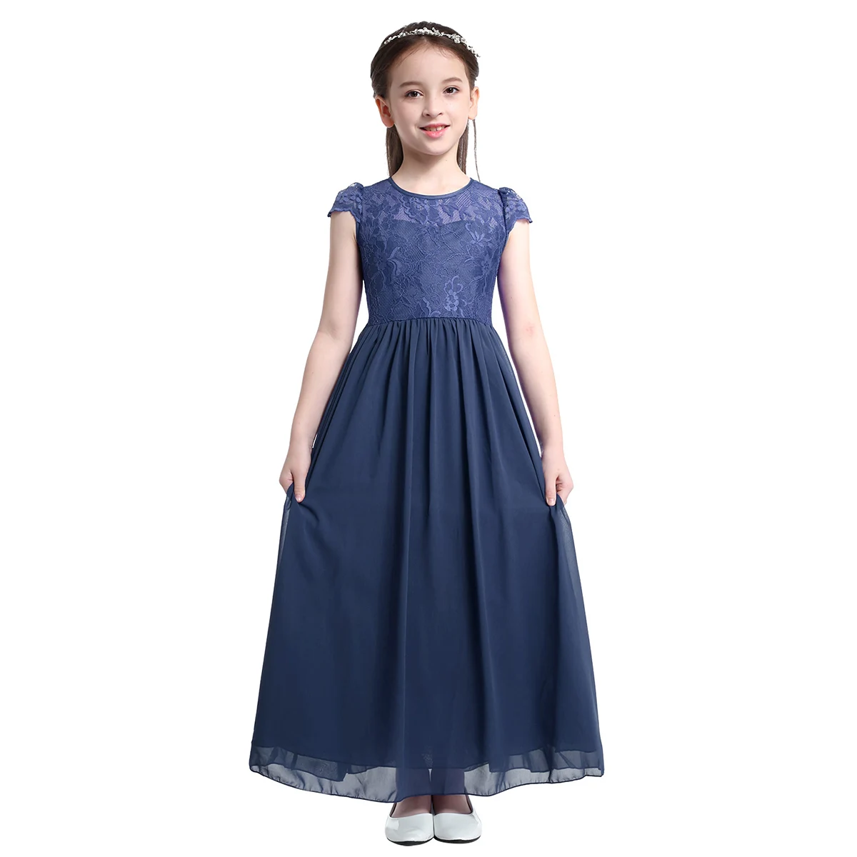 Iefiel для детей для девочек; фатиновое платье с кружевом и цветочным узором шифоновое платье для вечерние и свадебные Платье с цветочным рисунком для девочек, платье на выпускной, торжественное платье-макси От 4 до 14 лет - Цвет: Navy Blue