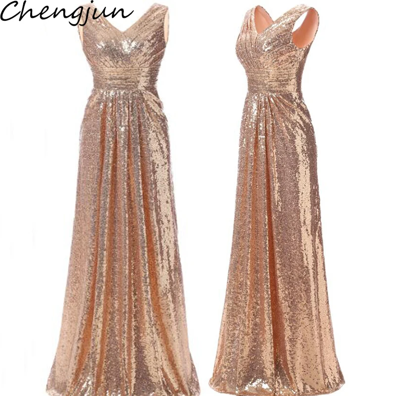 

Chengjun Women Cheap Sleeveless Sequin Long Rose Gold Bridesmaid Dress