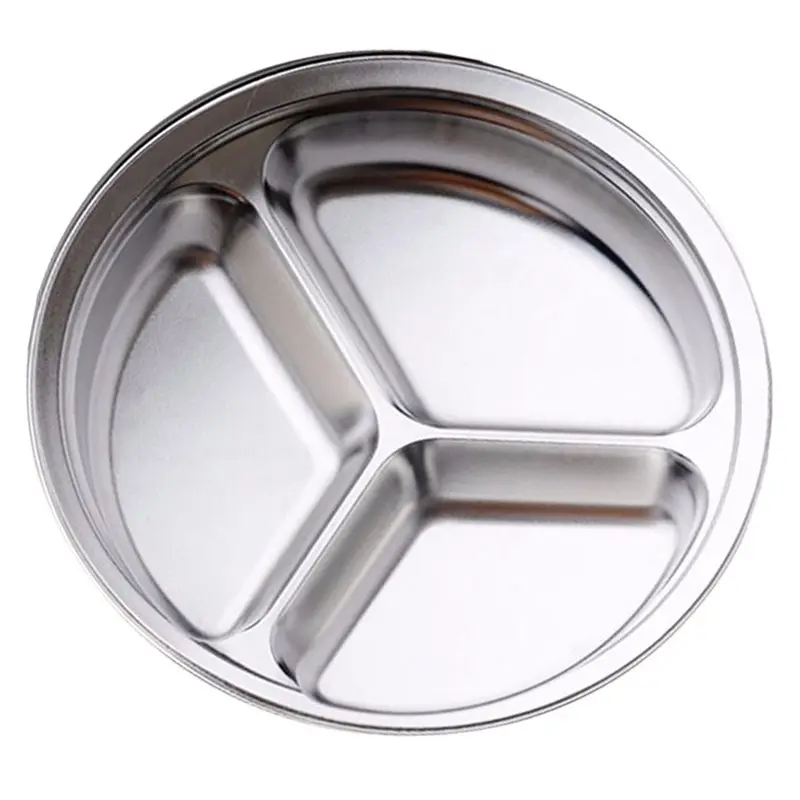 

Stainless Steel 3 Sections Round Divided Dish Snack Dinner Plate Diameter 26Cm