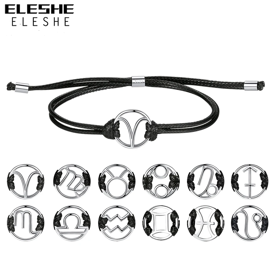 

ELESHE New 12 Constellations 925 Sterling Silver Charm Bracelets Black Leather Adjustable Bracelet For Women Men Couple Jewelry