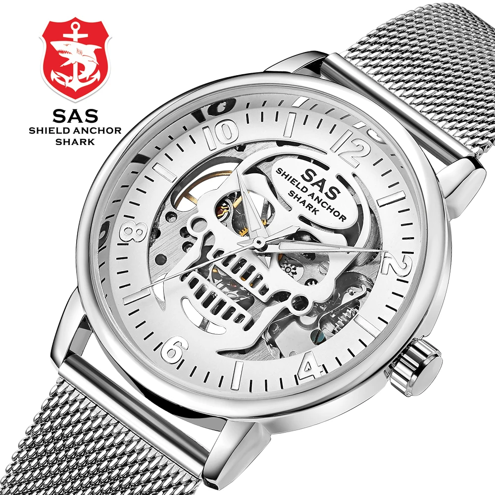 

Luxury Top Brand Mechanical Hand-wind Watch Men Skeleton Design Casual Wristwatch Full Steel Band Milanese Watches SHARK-#808