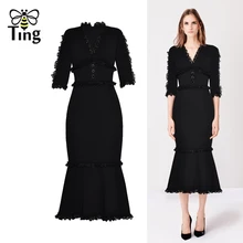 Tingfly, сезон, подиум, кружево, пэчворк, v-образный вырез, высокая талия, платье миди, женское, элегантное, Русалка, Платья для вечеринок, дизайнерские, Vestidos