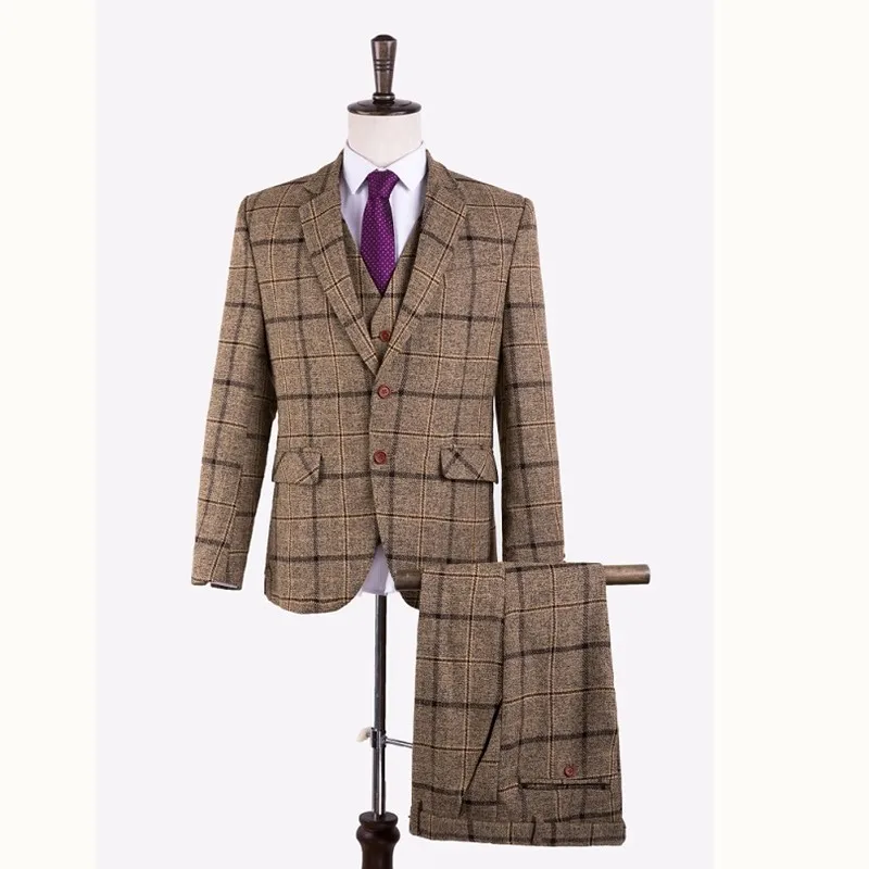 

Gwenhwyfar High Quality Plaid Men Suits Tailored Groom Wedding Tuxedos Formal Men's Wool Blend Suit Blazer (Jacket+Pants+Vest )