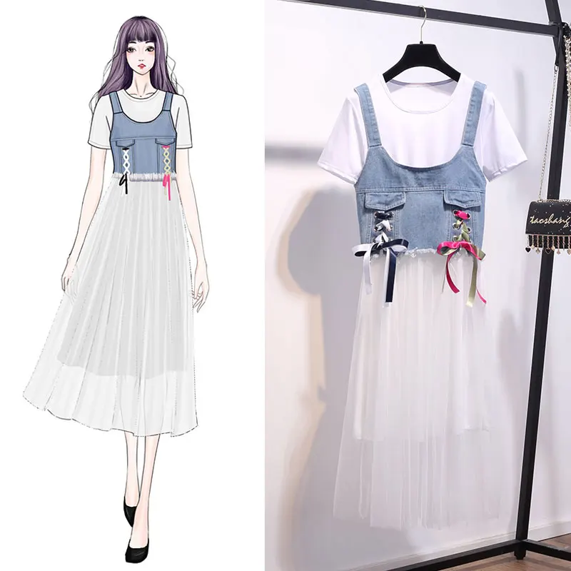 

2019 Summer Women Dress Elegant Mesh O-neck Short Sleeve White Dress Tunic Mid-Calf Sweet Girl Denim Dresses Female Vestidos