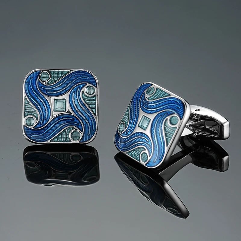 

DY The new high quality enamel craft square blue floral Cufflinks Men's French shirt Cufflinks free shipping
