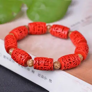 

KYSZDL Natural red cinnabar carved bucket beads bracelet fashion men and women red lucky candy bracelet jewelry free shipping