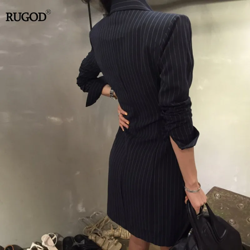 RUGOD, новинка, офисное женское платье с длинным рукавом, для работы, женское платье в стиле ампир, прямое, в полоску, с двумя пуговицами, с отложным воротником, мини платье