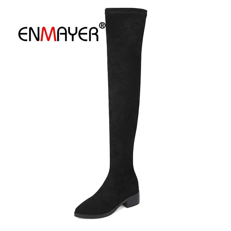 

ENMAYER Woman Over The Knee High boots Winter Causal Pointed toe Real Leather Thigh High boots Slip on Thick heels Zipper CR1987