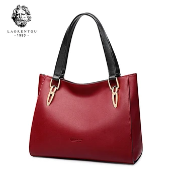 

LAORENTOU Brand Fashion Cowhide Leather Women's Handbags Luxury Red Black Shoulder Bag Larger Capacity Women Leather Bag