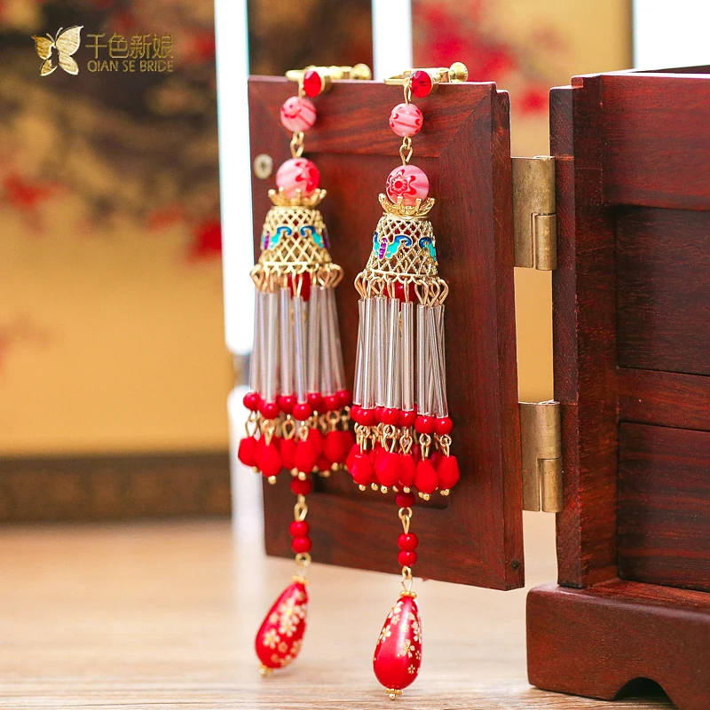 Long women red earring tassel chinese style clip earring