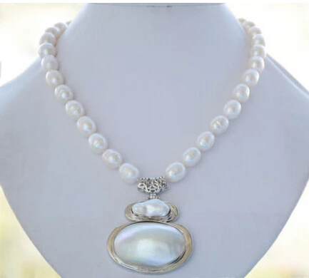 

Jewelr 004352 12mm NATURE WHITE RICE freshwater pearl NECKLACE MABE PENDANT 17inch