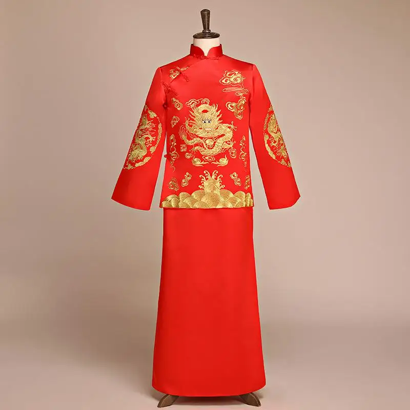 Бордовый Сучжоу Вышивка Дракон Hanfu одежда для мужчин Китайский Винтаж Стиль Костюм Азиатский традиционный свадебный длинный халат - Цвет: Red
