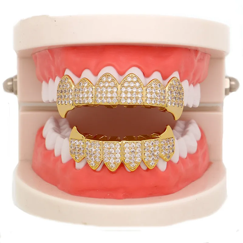 Mainlead Hiphop Gold Grills Top&Bottom Iced Out Dental Vampire Fang