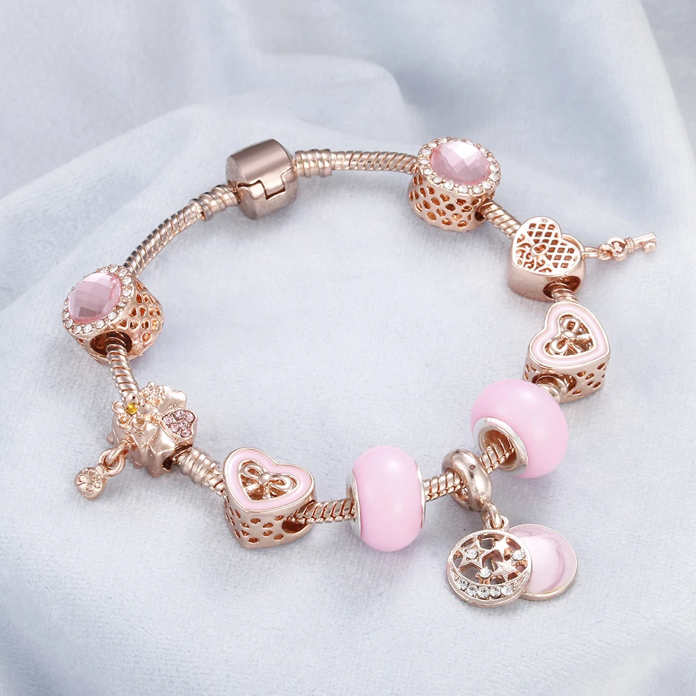 Золотая цветная прелесть браслеты с сердечками для женщин розовый бисер браслеты DIY цепочка на запястье браслет женский индивидуальный ювелирный подарок