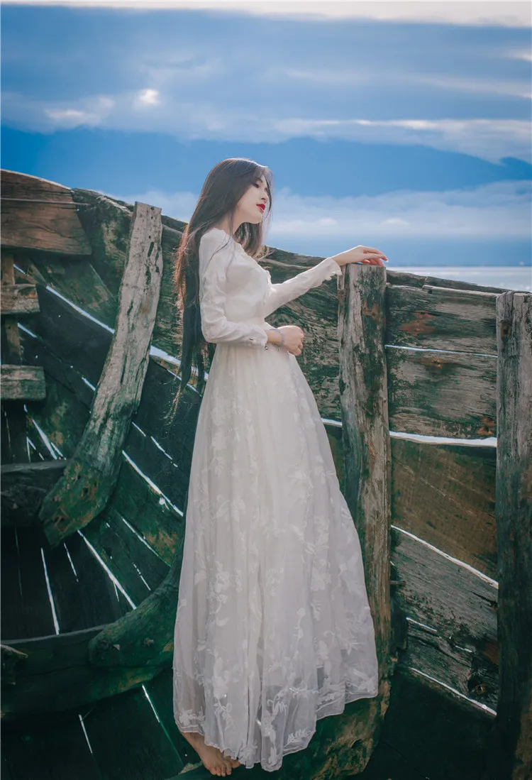Крючок для вышивания, кружевное платье для сна с цветочным рисунком, белая ночная рубашка принцессы, женская ночная рубашка с длинным рукавом, QZ8938