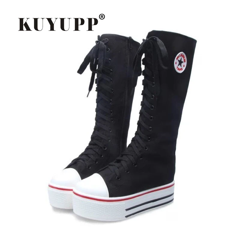 

Boots Canvas Shoes Fashion High Top Mid-Calf Platform Women Boots Breathable Lace Up Summer Boots Ladies Shoes Black White DX1