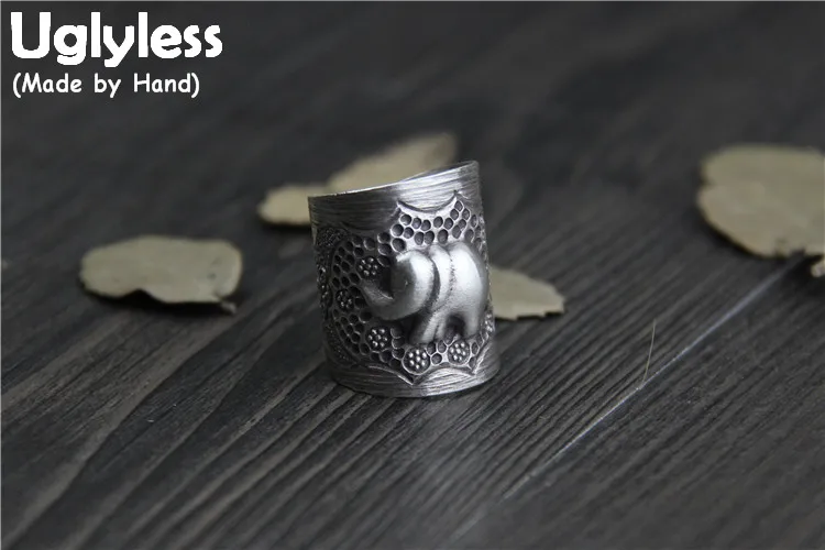 

Uglyless Real S999 Fine Silver Women Personalized Open Rings Exotic Thai Handmade Elephant Wide Ring Exaggerated Ethnic Jewelry