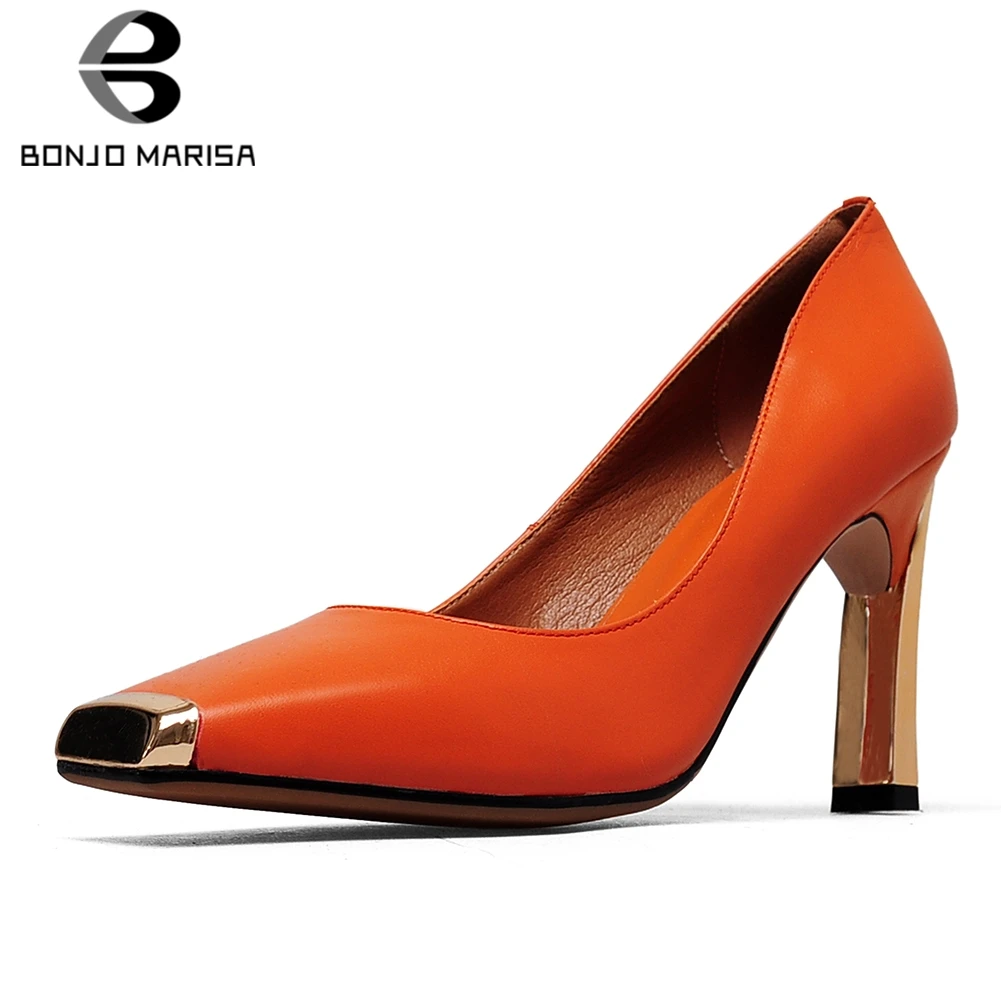 

BONJOMARISA 2019 New Brand Whole Genuine Leather Shoes Pumps Women 2019 Autumn 33-41 Shallow Women High Heels Shoes Woman