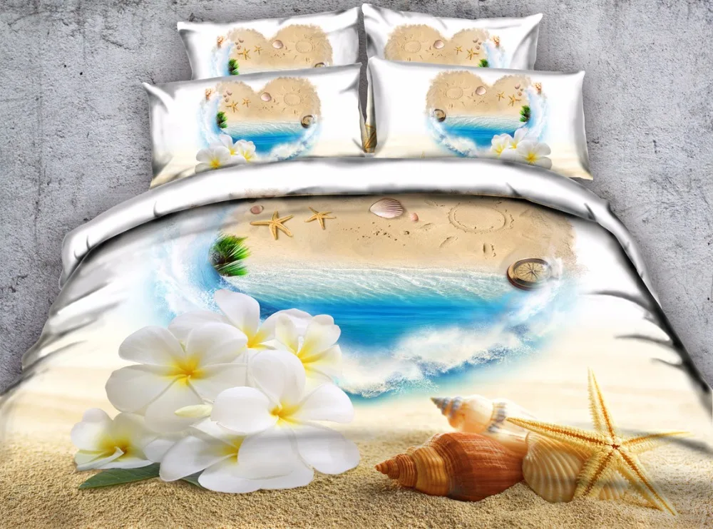 3d Beach Bedspreads King Size 4pcs Shell Printed Comforter Duvet