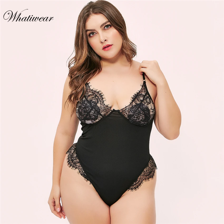 

Whatiwear plus size mesh Bodysuit lace bodysuit women backless transparent sheer sexy jumpsuit catsuit straps bodysuits thong