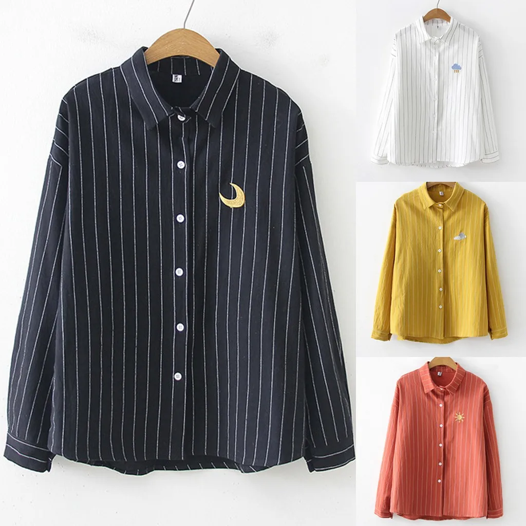 

Fashion Women Top Stripe Lapel Shirt Weather Printing Blouses Fantastic Long Sleeve Loose Blouse Women Clothes Blusas Roupas