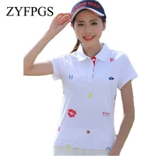 ZYFPGS летние поло с принтом губ однотонная женская рубашка с отворотом короткий рукав тонкий хлопок женские поло L0520