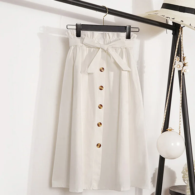 Элегантная Милая однобортная юбка на шнуровке, осенняя Новая женская плиссированная Однотонная юбка до колена с высокой талией, 6 цветов - Цвет: white