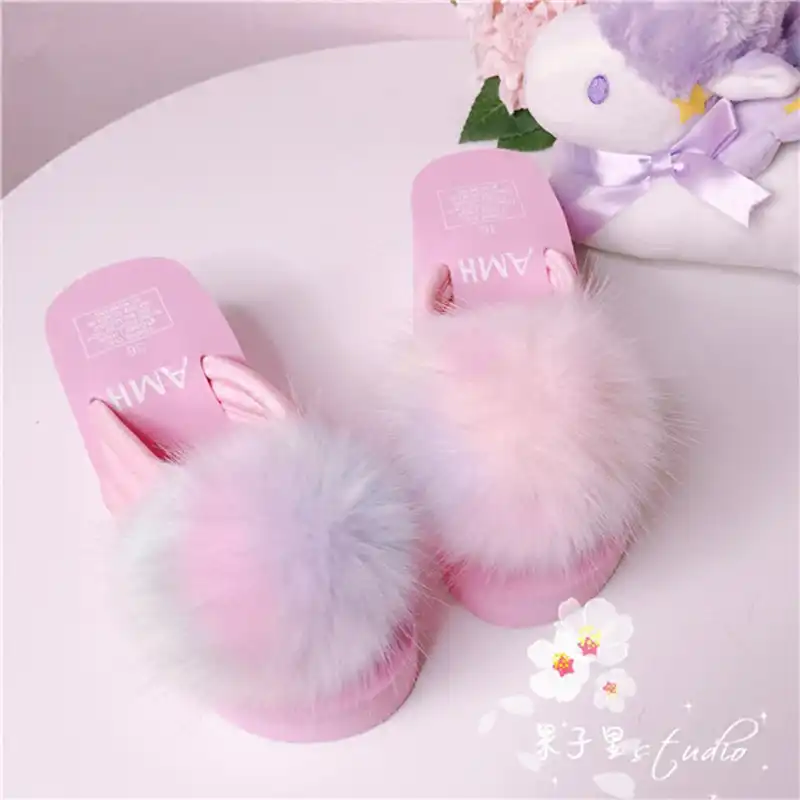 pink flip flops with fur