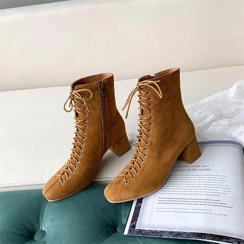 Tanie Meotina prawdziwe skórzane botki kobiety krowa zamszowy zamek gruby wysoki obcas krótkie buty zasznurować kwadratowe buty z palcami pani jesień rozmiar 39