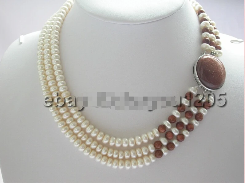 

>>>>>beautiful!3rows Natural White Pearl&Aventurine Necklace