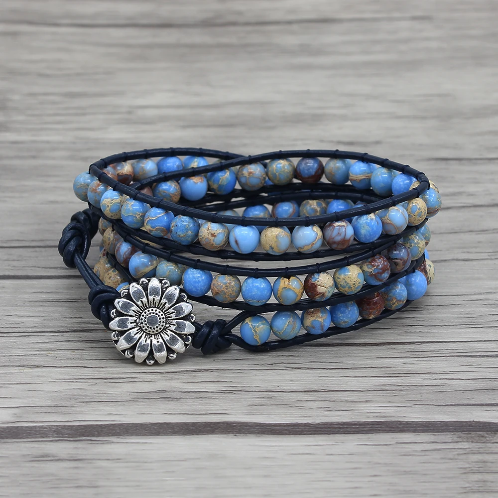 

Ocean blue beads bracelet leather wraps beaded bracelet yoga jewelry blue beads bracelet dropshipping bohemian blue boho wraps