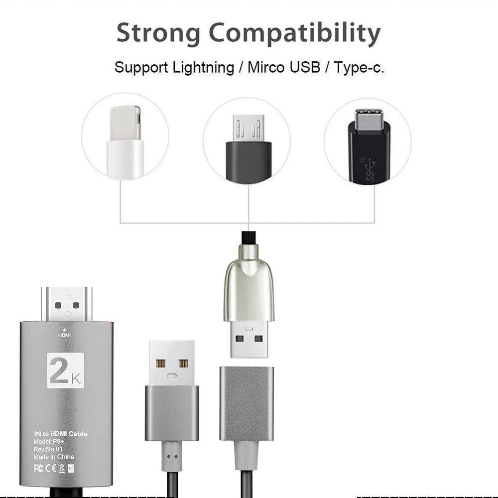 3 in1 USB to HDMI Cable 2K HD 1080P HDTV TV AV Adapter Cable Cord for iPhone XS XS MAXXR  Supports Mirroring 40JUL17 (3)