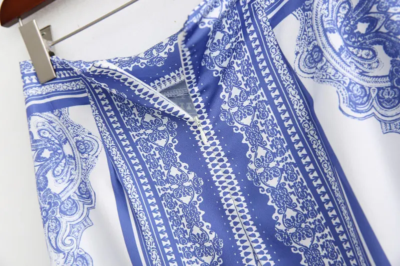 Винтажная летняя Осенняя юбка с принтом Синяя атласная шифоновая ткань на молнии, тонкая талия, уличная Асимметричная юбка для блогеров
