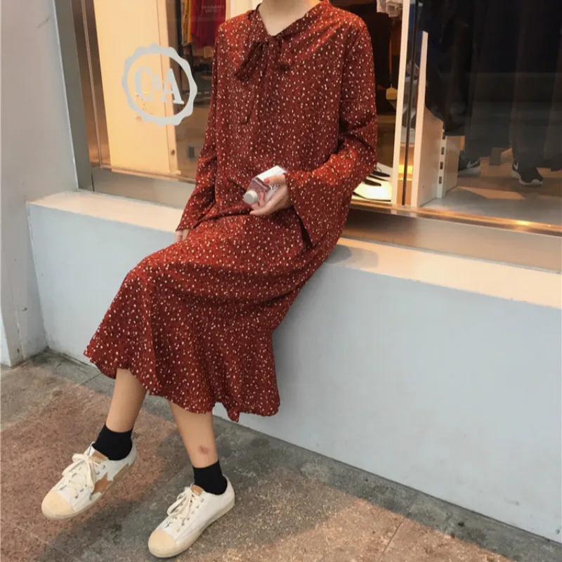 

Women Autumn Long Sleeve Floral RuffleThick Chiffon Long Dress Female Flare Sleeve Bow Tie Sarafan Vestido Straight Loose Robe