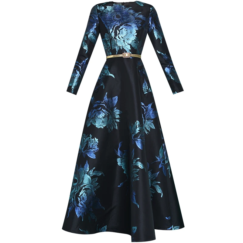 

2019 New Spring Autumn Women's Luxury Gilded Jacquard Super Long Dress Female Slim Long Sleeve Maxi Long Party Dresses