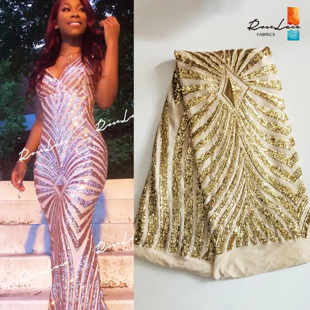 

Elastic Mesh!! Gold Sequins Net Lace Indian Nigeria Noble Lady Prom Wedding Dress Sewing Fabrics For African Bride Sequined Lace